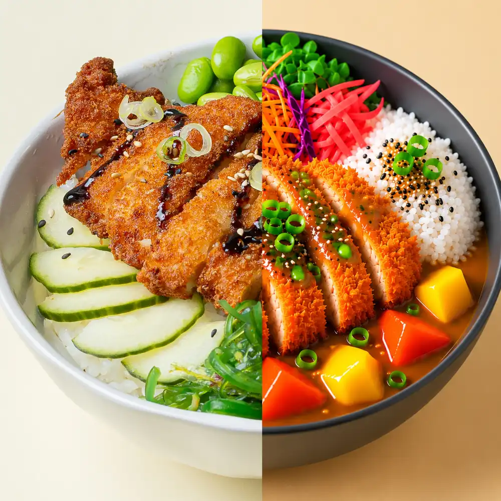 Real vs AI food photography comparison of a katsu curry bowl with rice, vegetables and crispy chicken